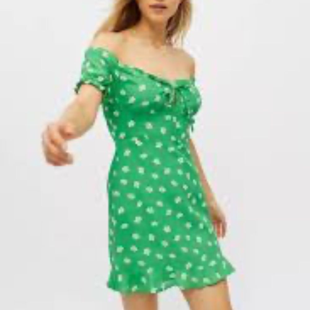 Urban Outfitters Magpie Green Off The Shoulder Ruffle Mini Dress